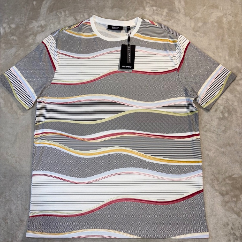Murano Liquid Luxury Mens Large Wavy Geometric Striped Cotton T-Shirt NWT